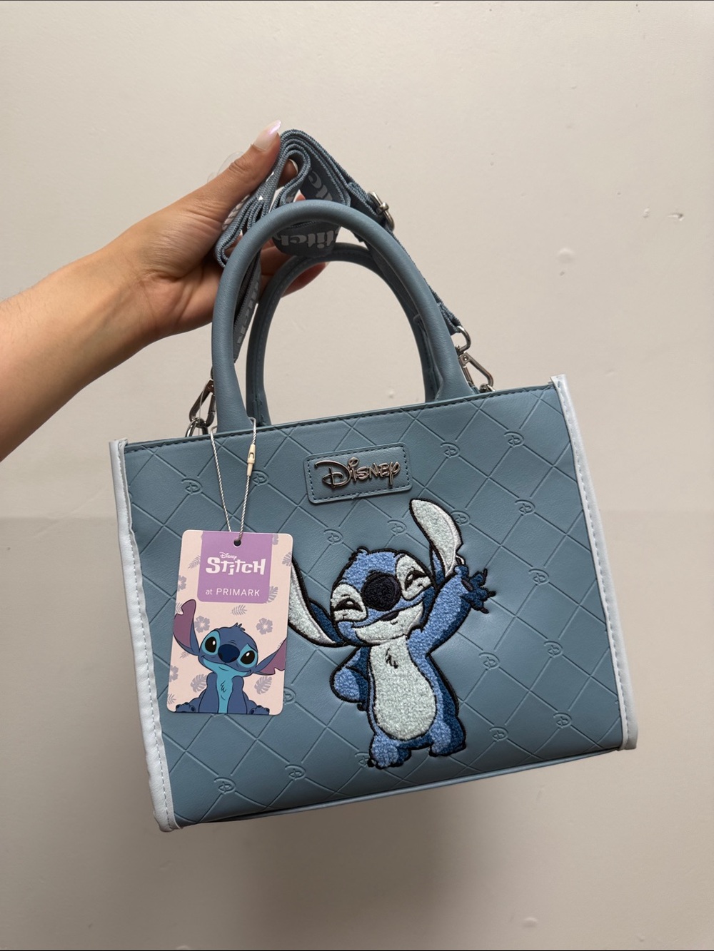 Disney Gray-Blue Stitch Quilted Mini Tote New Stitch Theme with strap Cute